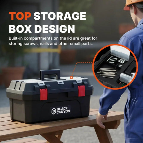 Heavy Duty 17 Inch Stackable Plastic Tool Box Carries 44 Lbs with compartments for screws and small parts.