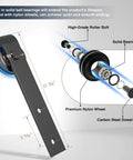 Close-up of the roller bolt and ball bearing included in 12FT Sliding Barn Door Hardware Kit for Single Doors up to 72 Inch, Heavy Duty Carbon Steel Track with Smooth Quiet Nylon Rollers, Easy Install Design, Complete Hardware Set Included, Door Not Included, focusing on nylon wheels and solid bearing.