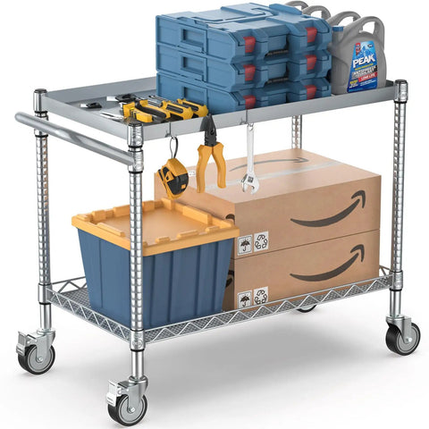 Heavy Duty 45 Inch Rolling Utility Cart With Hella Roomy Two Tier NSF Certified Steel Storage Shelf For Warehouse And Home Garage loaded with tools and storage bins.