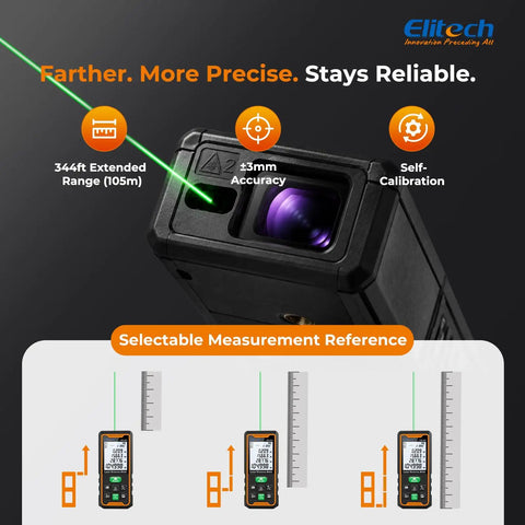 Professional Green Laser Distance Meter With Self Calibration And Dual Power Configuration Offers Dead On Precision Up To 344 Feet for precise measurements.
