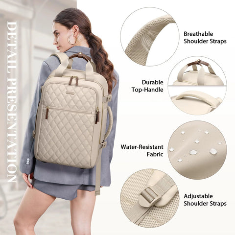 Apricot rolling laptop backpack for travel with wheels, featuring breathable and adjustable shoulder straps, durable top-handle, and water-resistant fabric.