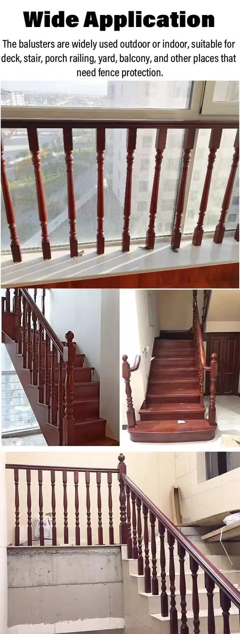 Premium Solid Poplar Wood Balusters For Deck And Stair Railing, smooth finish balusters installed on stairs and railing.