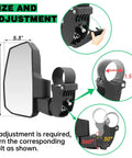 Auto Reset UTV Side Mirrors For 1.5 To 2.0 Inch Roll Cages, showing size, adjustment features, and installation guidance