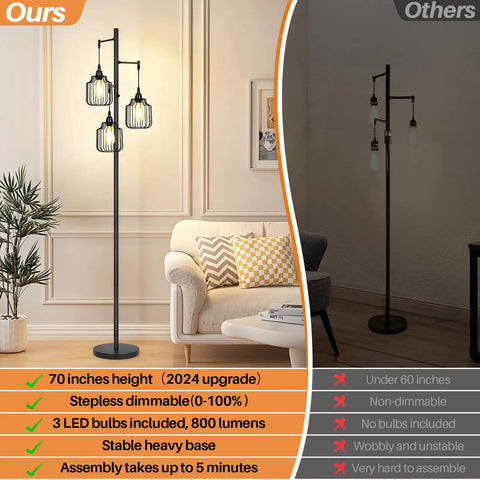 Dimmer Floor Lamp With 3X 800LM LED Edison Bulbs, tall standing corner lamp in farmhouse black, illuminated by sofa in living room.