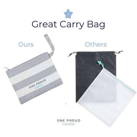 Foldable Travel Potty Seat For Toddlers shown with a gray striped carry bag and other less structured bags for comparison.