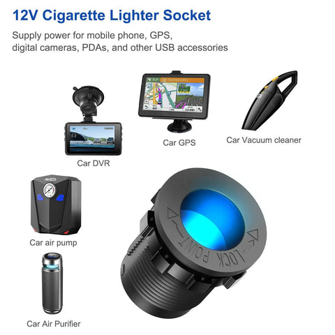 12V cigarette lighter socket with blue light, shown with compatible devices like car DVR, GPS, air pump, vacuum cleaner.