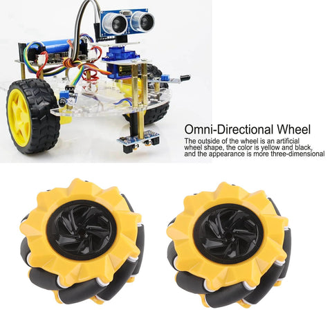 Mecanum Wheel Set for DIY Robot Cars, yellow and black design, ideal for precise drifting and omni-directional movement.