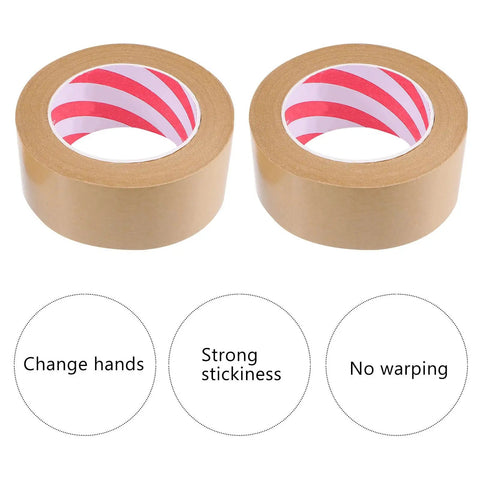 2 Pack Kraft Paper Packing Tape Water Resistant Sealing Tape showing hand tearable brown rolls with red inner design.