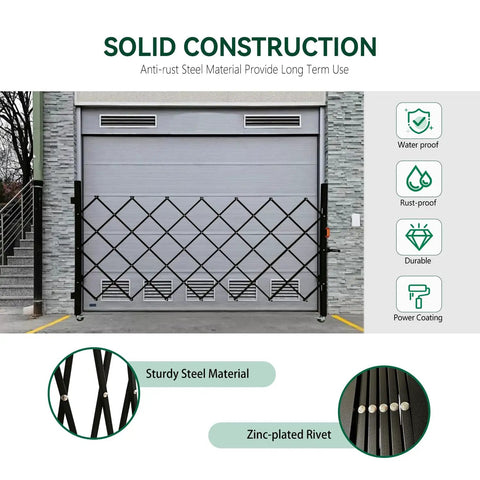 Tough As Nails Folding Security Gate With Lockable Scissor Design And 360 Swivel Casters For Outdoor Barricades showcasing a black steel construction.