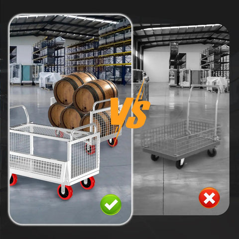 Rugged Beefy Heavy Duty 5in1 Platform Truck With Steel Cage 40x24 Inch Industrial Hand Cart And Rolling Dolly supporting 1800 pounds, carrying barrels.