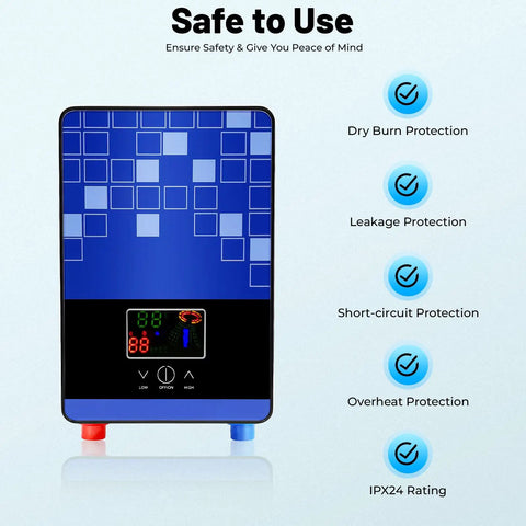 Tankless Instant Water Heater With 4500W Rapid Heating And Bright Led Screen showing safety features like dry burn and leakage protection.