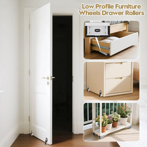 8 Pack Mini Rigid Caster Wheels Low Profile Non Swivel Single Direction Nylon And Steel installed on furniture