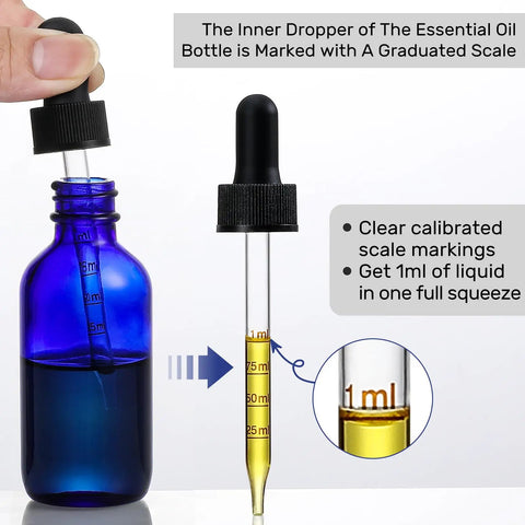 Dead Simple 2 Oz Dark Blue Glass Dropper Bottles, 4 Pack With Exact 1Ml Calibrated Eyedroppers, No Drama Silicone Caps For Essential Oils showing graduated dropper with 1ml markings.