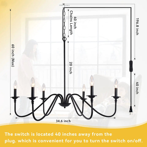 Diagram of 34.6 Inch Dimmable Plug In Chandelier With Cord 6 Light Modern Farmhouse Pendant Light for dining room.