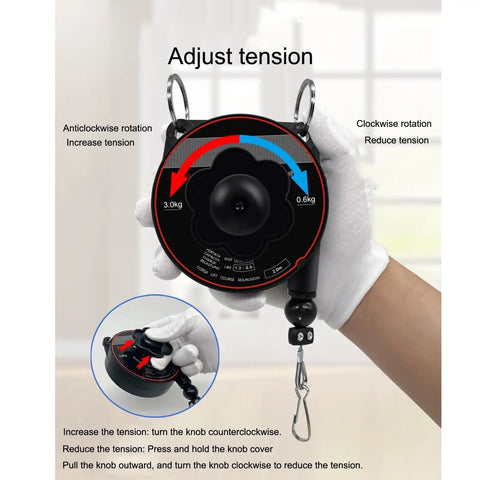 Heavy Duty Spring Balancer For Tools, Retractable 2m Stand With Hook And Wire Rope, adjustable tension knob shown in hand
