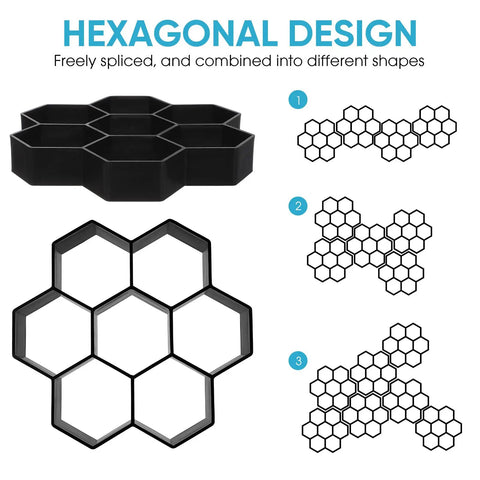 Hexagon Concrete Mold For DIY Pathway And Garden Walkway, 7.2 By 6.7 By 1.3 Inches, shown with hexagonal design options.