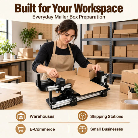 Manual Box Assisted Folding Tool For Packing Stations Featuring Adjustable Grip Clip For Smooth Carton Assembly And No Sweat Shipping Prep At Ecommerce Hubs Or Home Work Desks in use with cardboard.