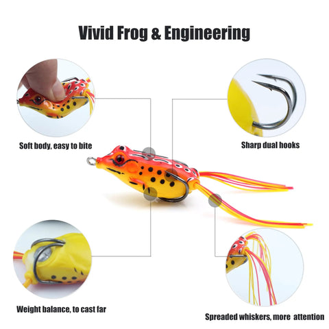 Five Piece Topwater Frog Lures Set For Freshwater Fishing Catch Bass And More Ray Frog Soft Baits with sharp dual hooks