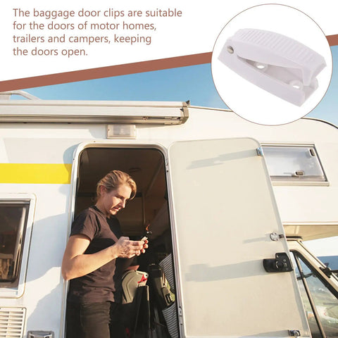 Upgraded Stainless Steel Rv Baggage Door Catch For Trailers And Motor Homes With Quick Install Abs Retainer Clip To Secure Cargo Access On Your Camper Or Travel Rig, white clip in use on RV door.