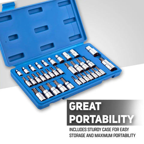 35 Piece Torx Bit Socket And ETorx Star Socket Set For Heavy Duty Torque in open blue case with storage space.