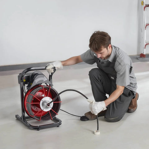 Heavy Duty Drain Cleaning Machine With 75 Ft Sewer Snake And 3/8 Inch Steel Core Auger in use, tackling drain clogs.