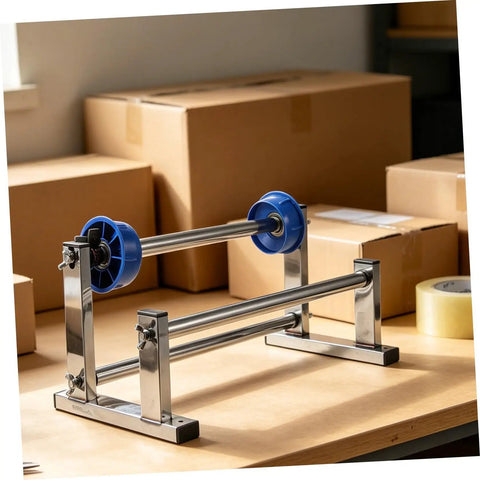 Manual Roll Film Dispenser For Stretch Wrapping Film And Cargo Packaging Supplies, lightweight steel frame on table with cardboard boxes