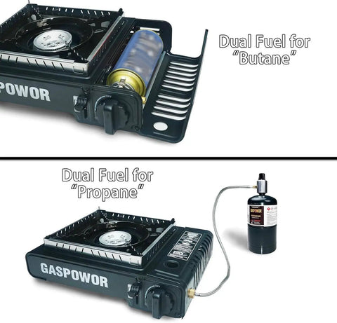 Dual Fuel Camping Stove With Wind Blocker 10000 BTU Portable Propane Or Butane Stove Auto Ignition Includes Adapter Hose And Carrying Case Great For Outdoors And Camp Cooking Fuel Not Included showing butane and propane setup.