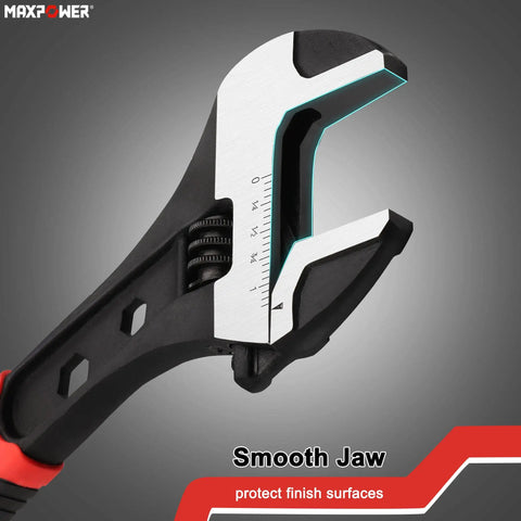 Adjustable Wrench Set 6 Inch 8 Inch 10 Inch, Drop Forged CrV Steel, close-up of smooth jaw design with dual SAE and Metric scales