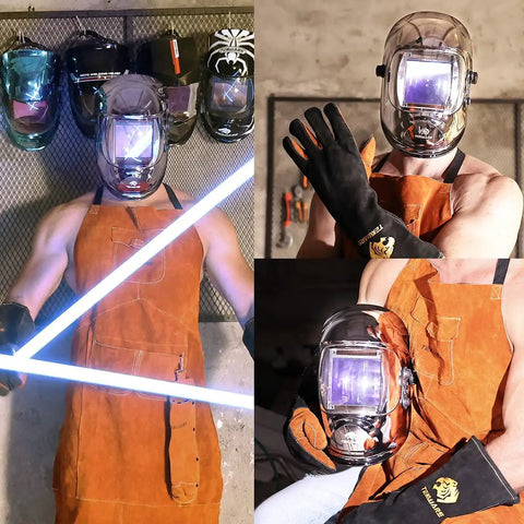 Man wearing Auto Darkening Welding Helmet With Solar Power True Color Display Large Viewing Window Four Arc Sensors Wide Shade Range 4 To 5 9 To 9 13 Welder Mask For Pro Welders, holding welding gloves, with various welding helmets in the background.
