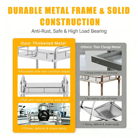Comparative image showing features of Stainless Steel Lab Rolling Cart Double Tier Mobile Utility Trolley With Smooth Swivel Wheels.