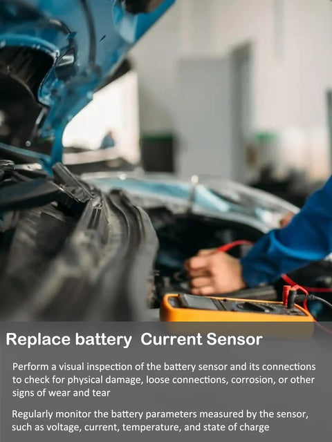 Mechanic checks battery current sensor compatibility with Dodge, Chrysler, Jeep, Ram vehicles with voltage and temperature monitoring.