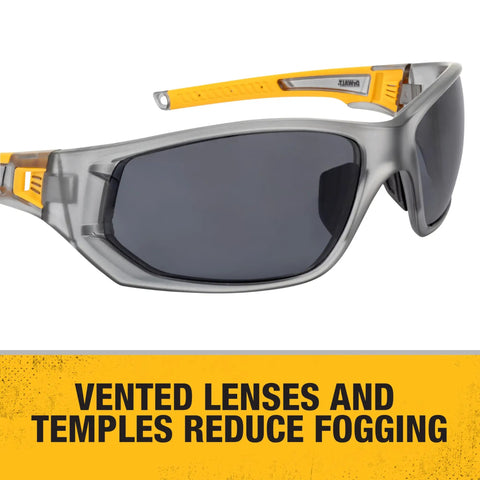 Built Tough Full Frame Vented Safety Glasses With Smoke Lenses And Grippy Rubber Temple Tips side view showing sleek design and fog-reducing features.