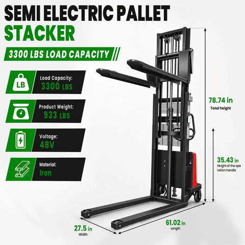 Super Heavy Duty Semi Electric Pallet Stacker With A Killer 3300 Pound Lift Capacity And Nine Foot Four Inch Vertical Reach, showing specs and structure.