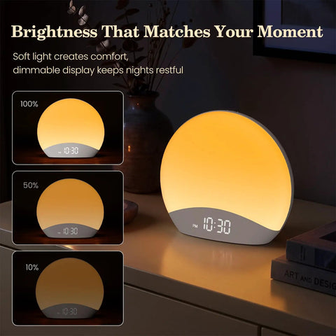 Rock Solid Sound Machine Paired With Sunrise Alarm Clock And Soothing Night Light For Chill Bedroom Upgrades Deep Sleep Cycles And Smooth Morning Wake Ups table lamp showing adjustable brightness and time display.