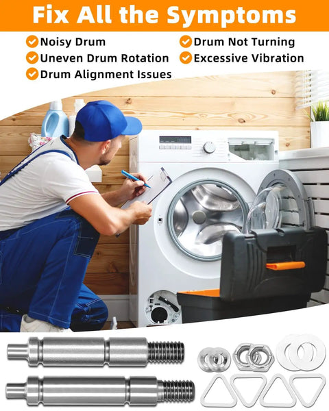 Technician installing Left And Right Dryer Drum Support Roller Shaft Kit for multiple brand dryers, showing included parts.