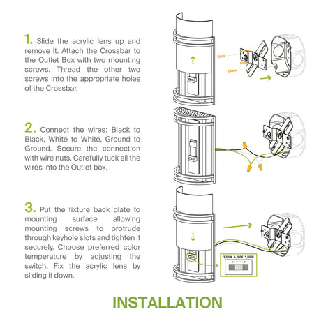 Installation instructions for 10 Inch LED Wall Sconce Light in Oil Rubbed Bronze, detailing wire connection and mounting steps.