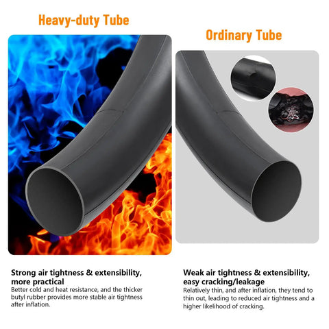 Comparison of heavy-duty vs ordinary bike inner tubes with visual effects of blue fire for durability.