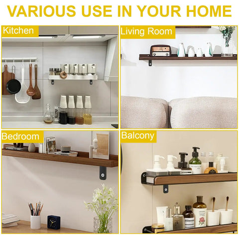 Rock Solid Heavy Duty L Bracket 4 Pack Featuring 10 Inch Metal Floating Shelf Brackets used in various home settings.