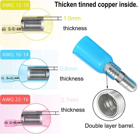 Heat Shrink Bullet Wire Connectors Kit 110 Pcs Waterproof Marine Grade Terminals detailed view showing size and thickness