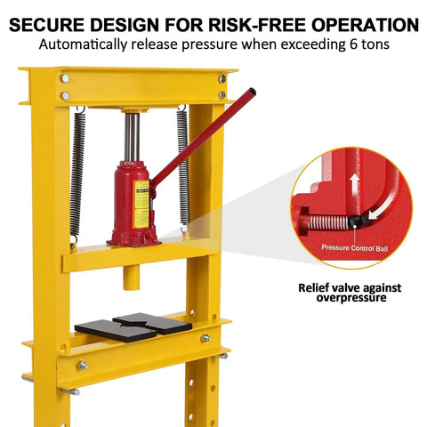 12 Ton Yellow H Frame Hydraulic Press For DIY Pros And Weekend Warriors With Four Height Adjustable Plates, side view with pressure relief feature.