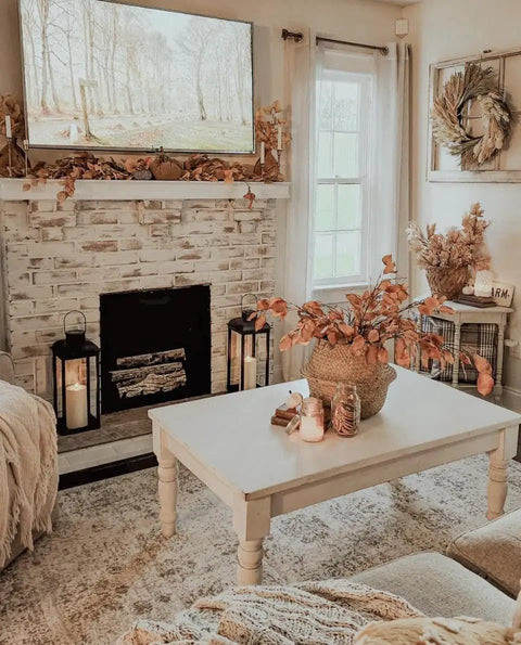 Cozy living room with rustic decor and outdoor solar powered lantern with flickering LED candle near fireplace, enhancing ambiance.