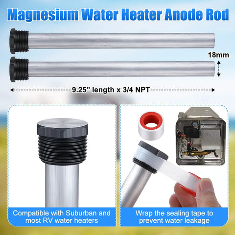 All In One RV Water Heater Maintenance Kit With 4 Piece Anode Rod Electric Heater Element Dual Hex Wrench And Tape Replacement Kit For Suburban RV Parts Road Trip Ready Hot Water Upgrade With No Fuss shown with anode rods, sealing tape, and Suburban system compatibility.