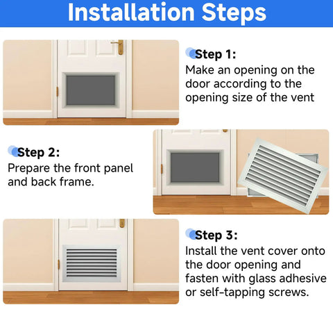 Installation steps for Two Sided Door Vent Cover Aluminum Exterior Vent Shield For Doors And Walls with louver grille.