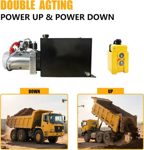 Beefy 8 Quart Hydraulic Power Unit With 12V DC Motor Single Acting Pump 3200 PSI Relief shown with dump truck.