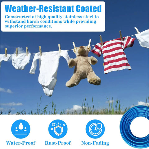 Clothes and teddy bear hanging on a stainless steel wire rope cable for outdoor string lights 3/16 inch vinyl coated weatherproof.