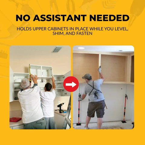 Two men using Upper Third Hand Support Poles System 2 Pack Kit With Textured Grip Pads for cabinet installation