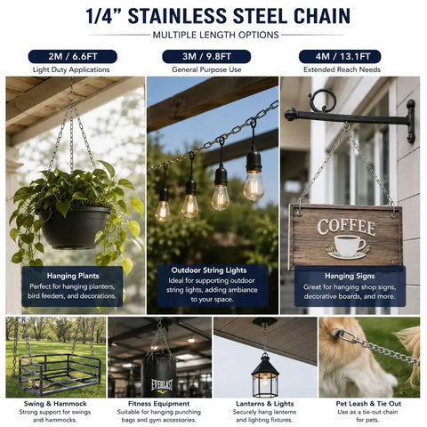 1/4" Stainless Steel Link Chain for Towing and Anchoring, 6ft length shown with hanging plants and lights.
