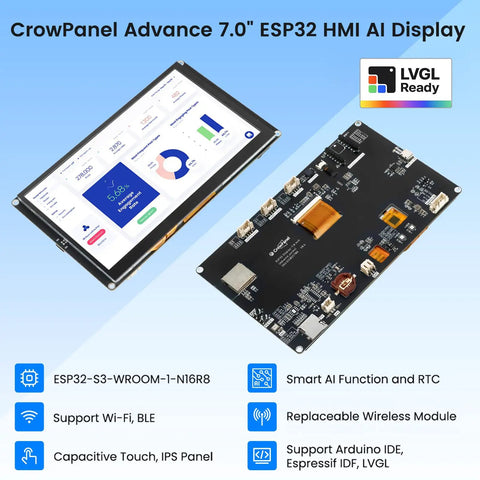 7 Inch ESP32 Display With 800 By 480 IPS HMI AI Touch Screen In Acrylic Case WiFi 2.4GHz Bluetooth 5.0 Dual Core LX7 Up To 240MHz 16M Flash 8M PSRAM 512KB SRAM AI Speech Interaction, angled front view