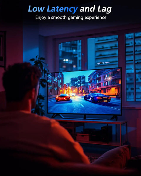 Person gaming in living room with focus on TV showing racing game, highlighting low latency and smooth experience.