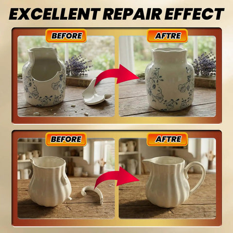 Premium Ceramics Super Glue Two Pack With Slick Micro Tips showing before and after repair of porcelain vases.